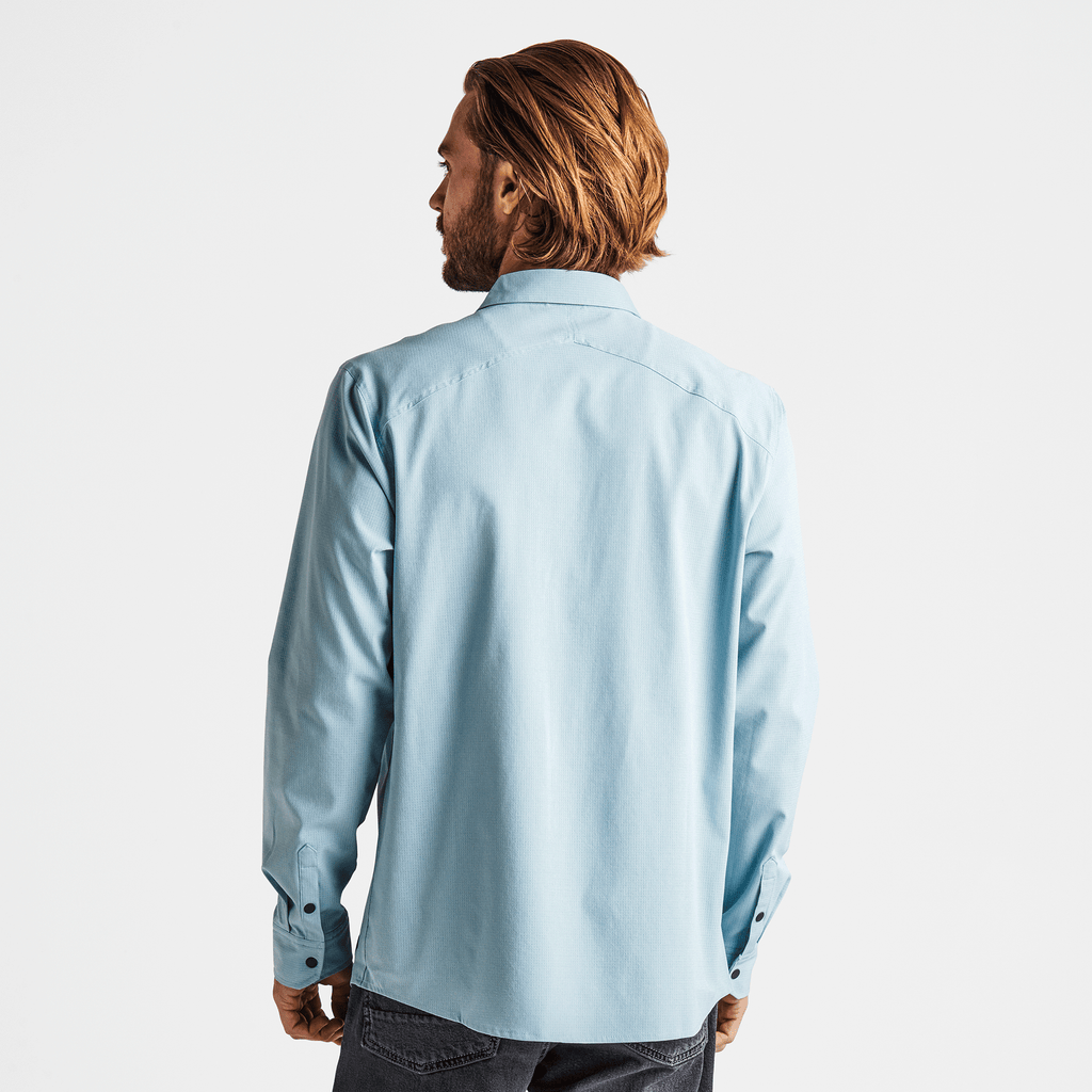 The on body view of Roark's Bless Up Long Sleeve Flannel - Stone Blue Big Image - 4