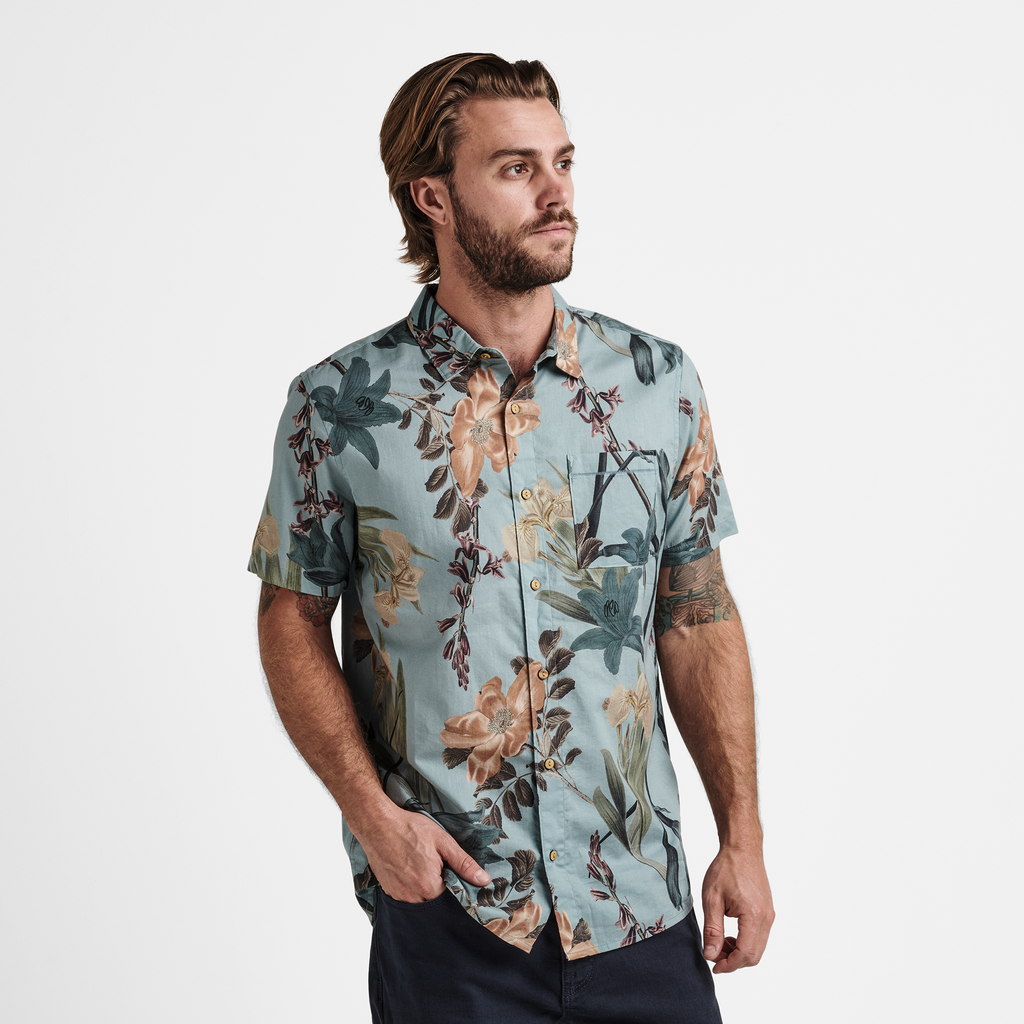 The model of Roark men's Journey Shirt - Dusty Blue Far East Flora Big Image - 2